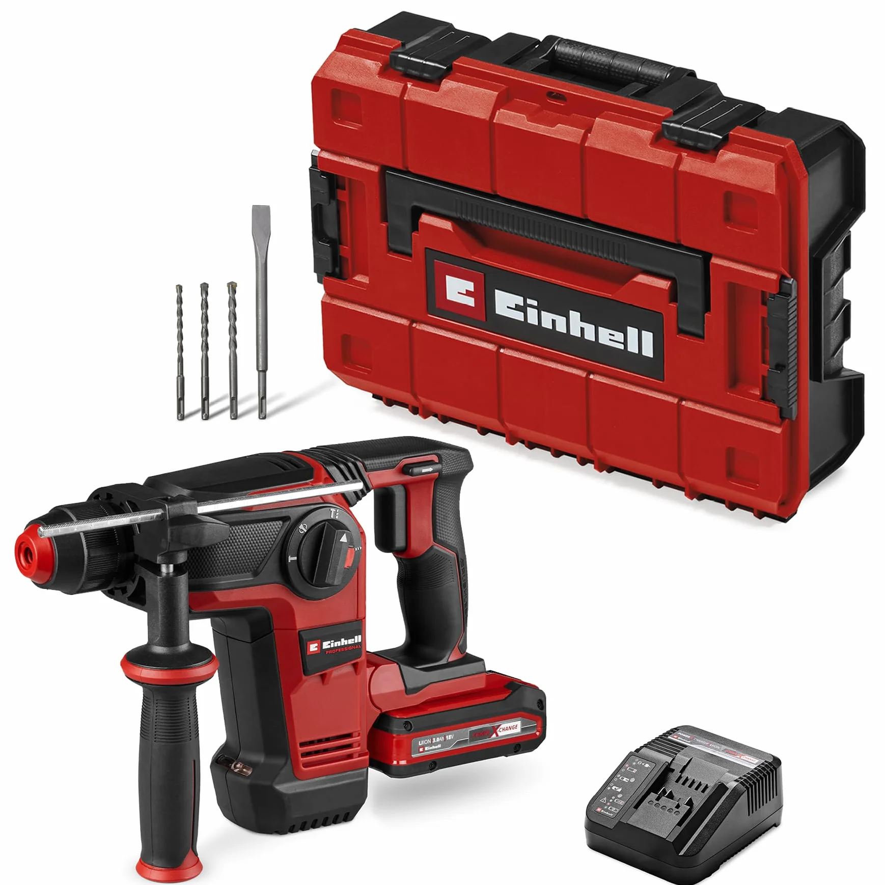 Einhell Professional Akku-Bohrhammer TP-HD 18/28 Li BL +4 (1x 3,0Ah+) Power X-Change (18 V, Brushless, 3 J, SDS-plus, 4 Funktionen, Zubehör, inkl. 3,0 Ah Plus Akku + Ladegerät) Battery Powered, red