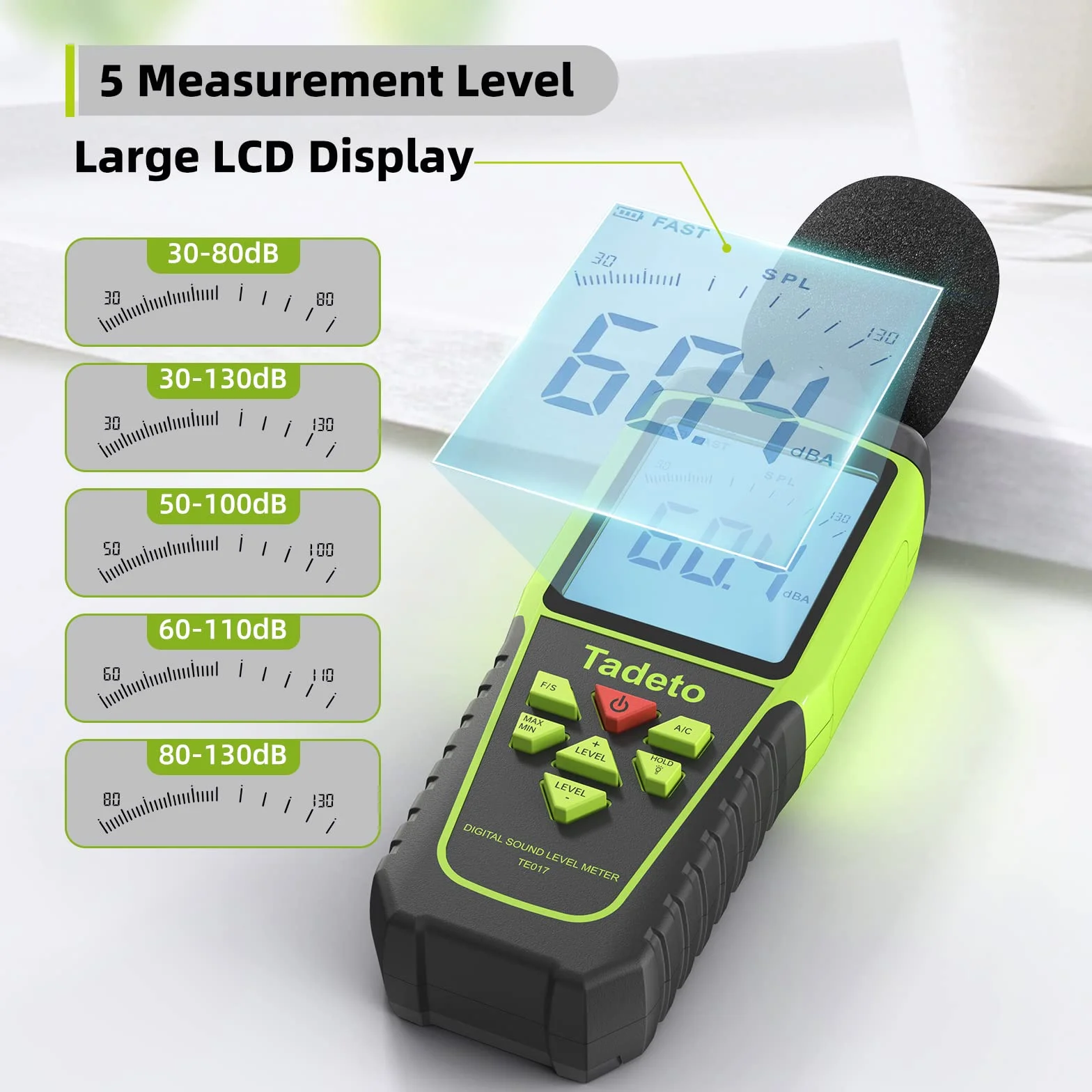 Dezibel Messgerät, Tadeto Schallpegelmesser Portable db Messgerät 30dB bis 130dB (5 Messbereich) Hintergrundbeleuchtung LCD-Display, MAX/MIN, akustische und visuelle Alarme, Data Hold, A/C-gewichtet