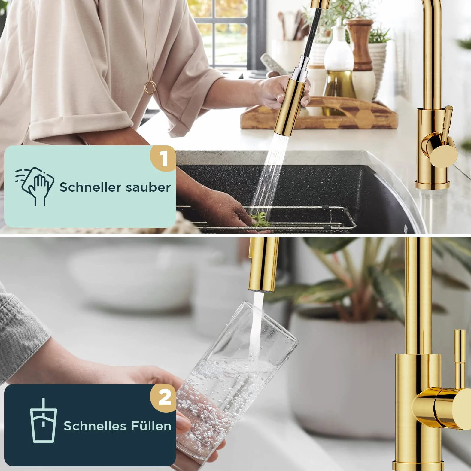 FORIOUS Wasserhahn Küche, Hoher Bogen Küchenarmatur mit Herausziehbarer Brause Ausziehbar Armatur, Mischbatterie Spültischarmatur Küche Küchenarmaturen, 360° Schwenkbar, Gebürstetes Gold