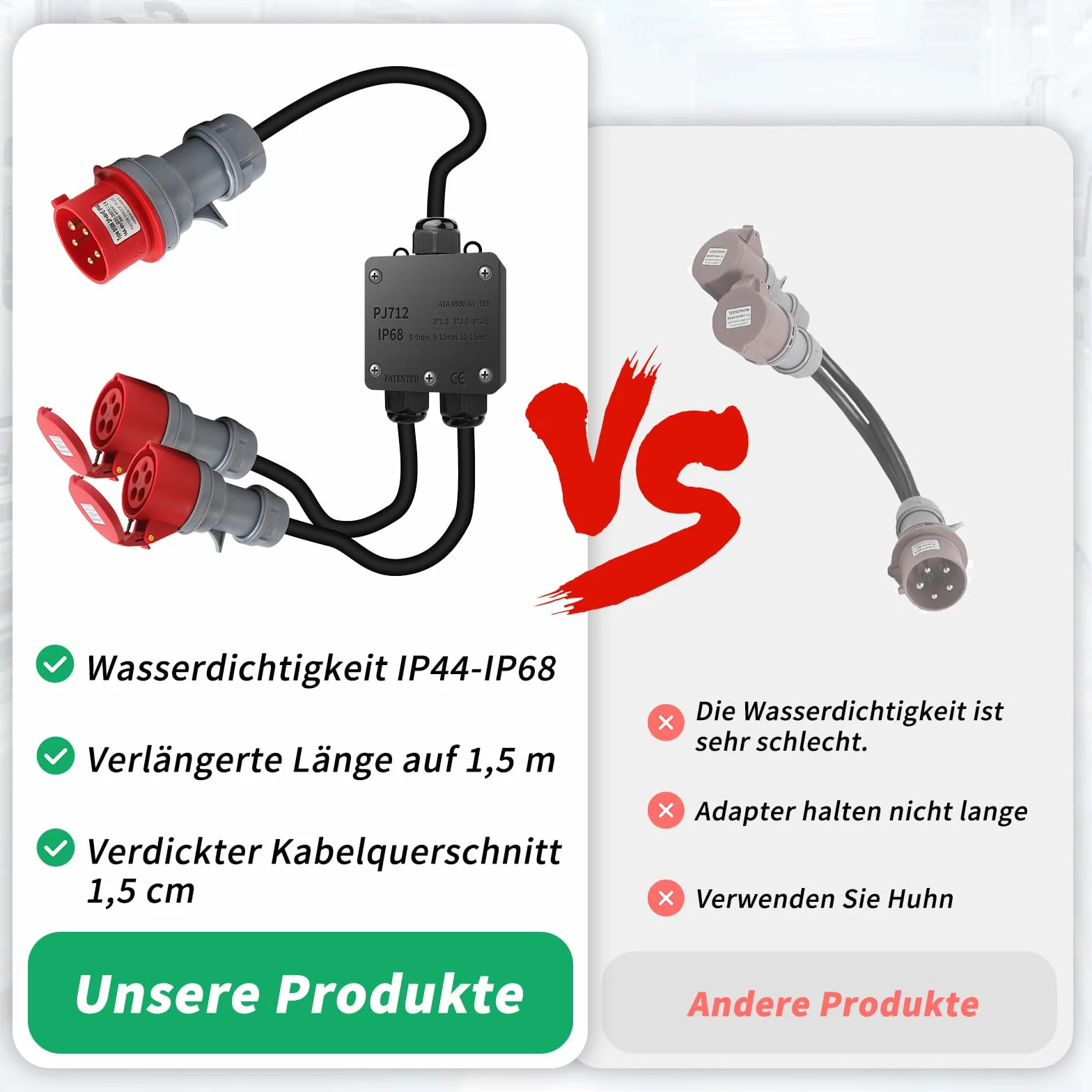 Starkstrom CEE Adapter 32A auf 16A, 2 x CEE Stecker 230V 16A 5-polig, Verlängerungskabel IP44-68, Starkstromverteiler für Camping Außenbereich Industrie Baustelle Werkstatt-1.5M
