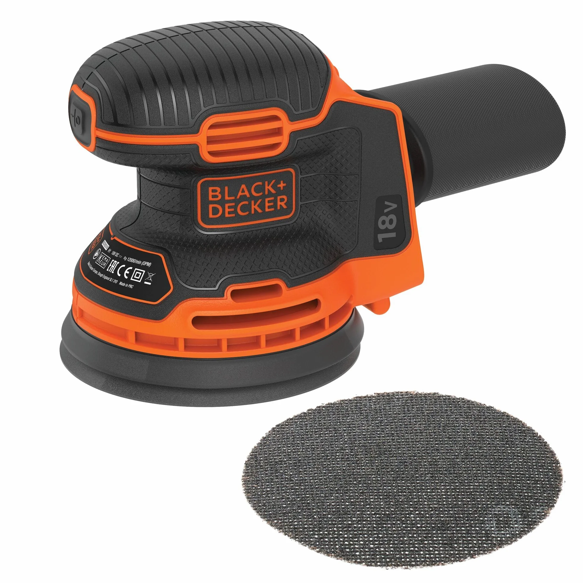 Black+Decker Akku-Exzenterschleifer / Schleifmaschine (18V, mit Staubfangbehälter, zum Schleifen/Polieren, ergonomische Multi-Positionsgriffflächen, Lieferung ohne Akku und Ladegerät), Schwarz, Orange