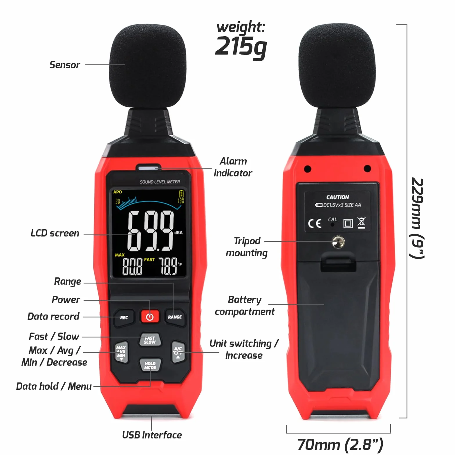 Decibel Datenmessgerät, großer LCD-Schallpegelmesser, A/C/Z Rauschmesser, Hochpräzises Tonmessgerät mit akustischem visuellen Alarm, schnelle / langsame Temperatur-Datenaufnahme