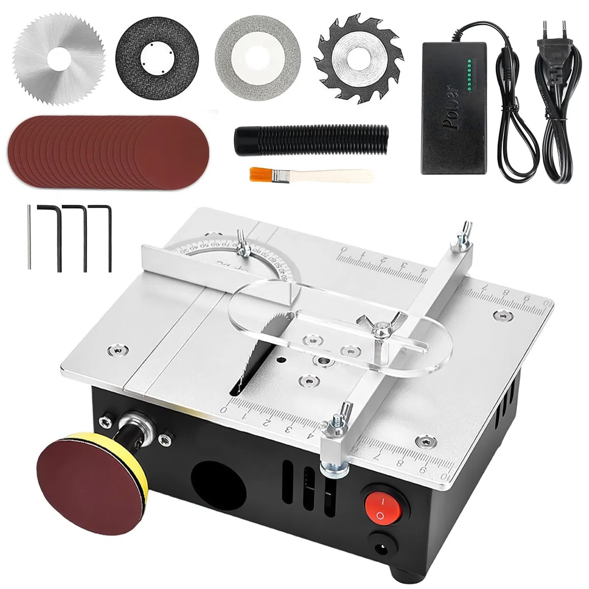 Mini-Tischkreissäge, verstellbare Präzisions-Elektro-Tischkreissäge, verstellbare Sägeblatthöhe, mit 4 Sägeblättern, 7 Geschwindigkeitsstufen, für die Holzbearbeitung