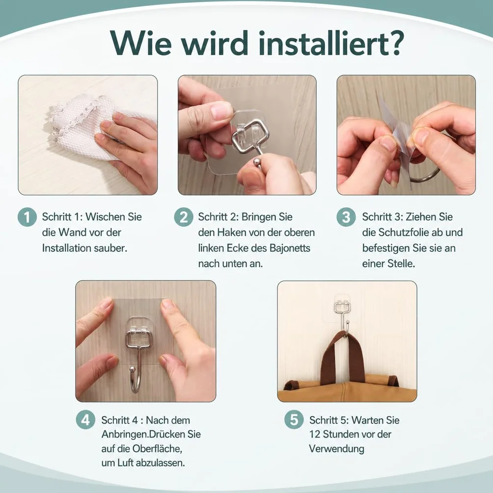 Charfia 8 Stück 15kg Selbstklebend Haken Extra Stark Transparent Wandhaken für Küche Bad