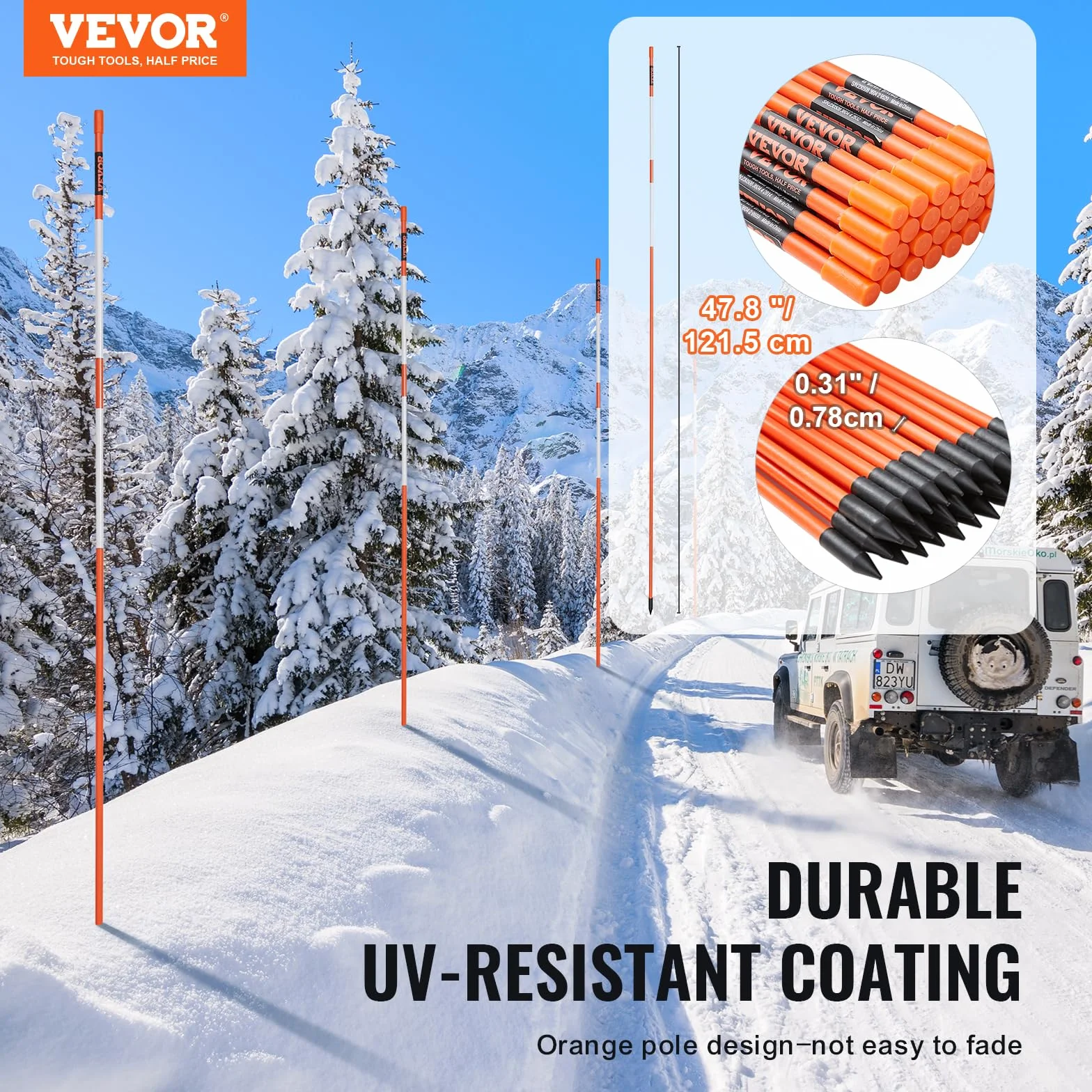 VEVOR 50er-Set Schneestangen 47,8 Zoll (121,5 cm) Auffahrtstangen orange UV-beständige Beschichtung Reflektierende Einfahrtsmarkierung Inkl. 1 Paar Schutzhandschuhe und 1 extralangen Stahlbohrer