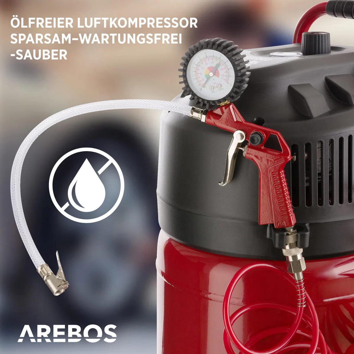Arebos 50L Druckluftkompressor 1500W | 10 bar Kompressor stehend | 240 L/min Ansaugleistung | Ölfrei & leistungsstark | inkl. 5,3 m Spiralschlauch & 13-tlg. Zubehör | Wartungsarm | Abschaltautomatik