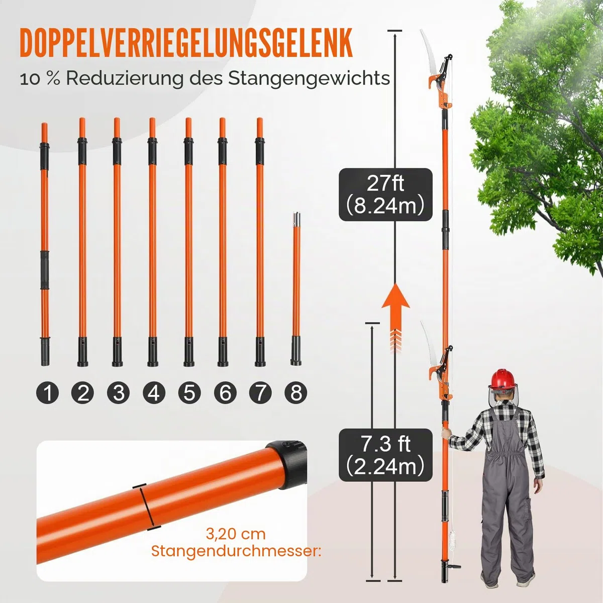 VEVOR Manuelle Stangensäge 8 m, scharfe Stahlklinge und Schere 2,2–8,2 m ausziehbare Baumschere, hohe Äste, Astschneider mit leichten 8 Fiberglasgriffen,zum Beschneiden von Handflächen und Sträuchern
