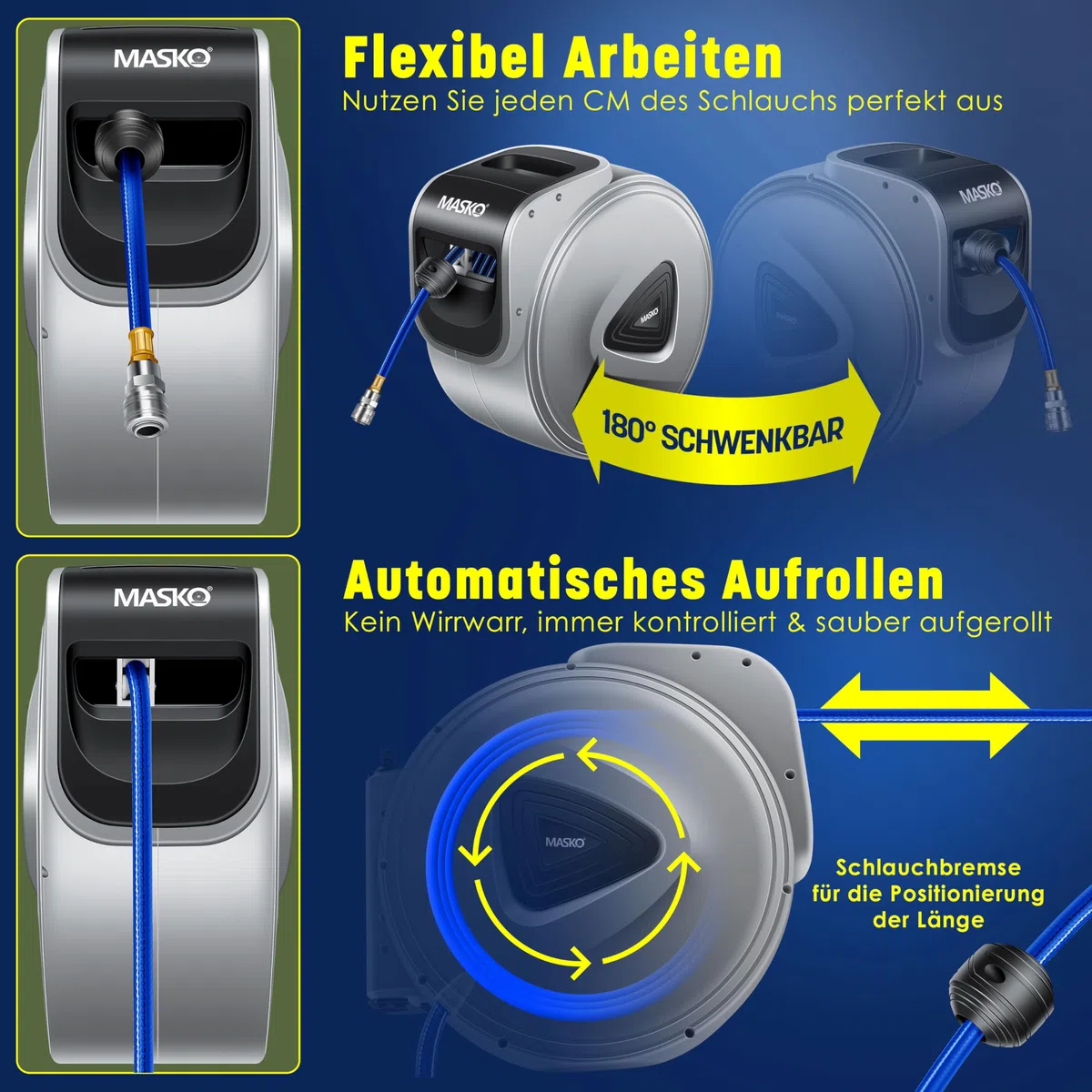 MASKO® Automatik Druckluftschlauch Aufroller 30m – Schlauchtrommel mit 1/4" Anschluss, Schlauchaufroller, Wandhalterung, Tragegriff, 180° schwenkbar, Schlauchbremse, vormontiert/sofort einsatzbereit
