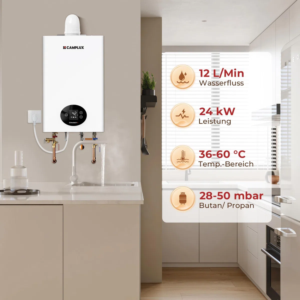 CAMPLUX Climitech 4 Gasdurchlauferhitzer 12 Liter, Indoor Gasdusche für Küche/Bad, Butan/Propan, 28-50 mbar, GX318LP
