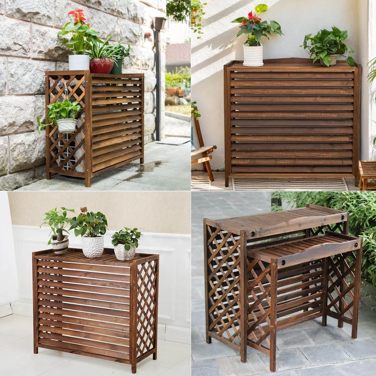 Klimaanlage Abdeckung Holz Wärmepumpe Verkleidung Balkon Sichtschutz Holz Blumenständer Draußen Klimaanlage Abdeckung Außengerät Gartenregal Wetterfest Blumenständer Massivholz(100x44x93cm)