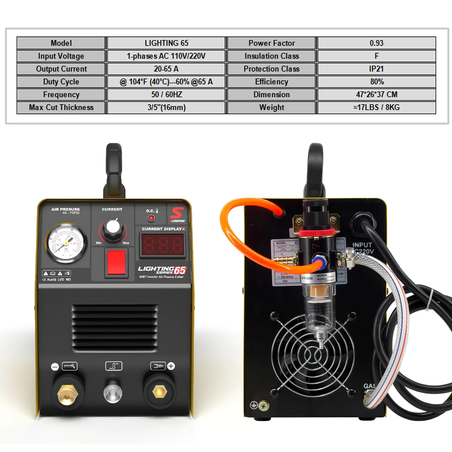 SUSEMSE Plasmaschneider 65 Ampere IGBT Inverter Plasma Cutter (DC, 230V, Schneidstrom 20-65 A, Schneidleistung max bis 16 mm) - mit Plasmabrenner und Plasma Düsen Set