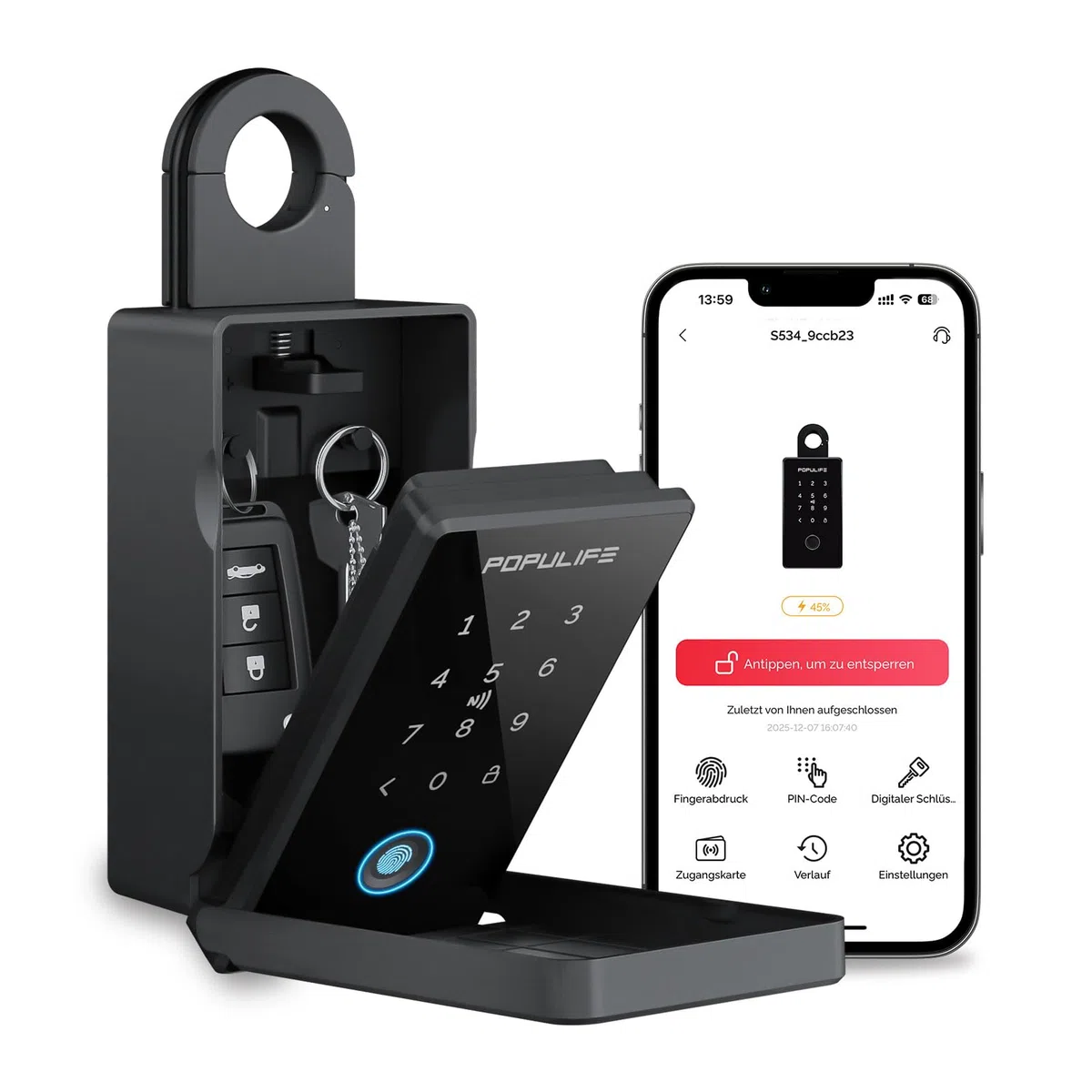 Populife Fingerabdruck-Schlüsselbox Smart Schlüsseltresor mit Zahlcode Fernzugriff wasserdicht für Zuhause Makler Airbnb