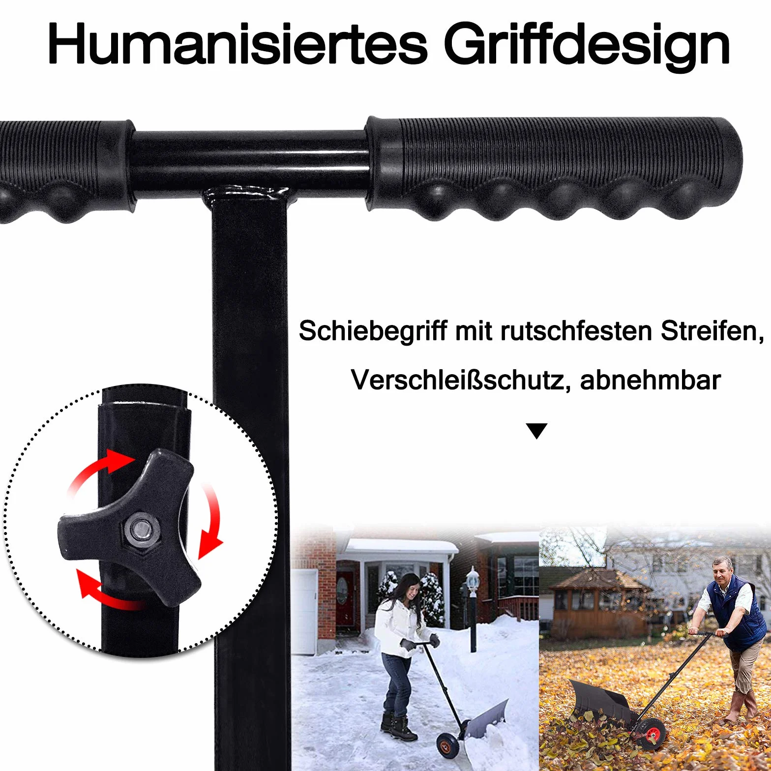 XMTECH Schneeschaufel mit Rädern Höhenverstellbar 5-Fach Schneeschieber Schneeräumen Schneeschild 74cm extra-Breiten Kunststoffblatt