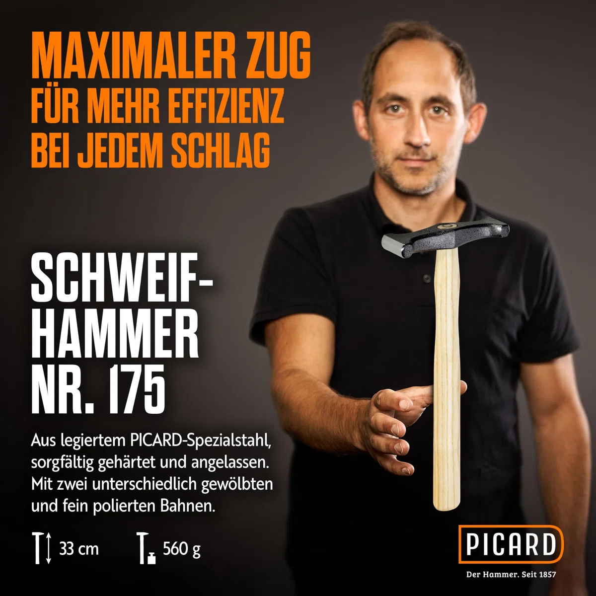 PICARD Schweifhammer Nr. 175 ES 500g | Profi-Qualität für Dachdecker-Dachklempner | Robust & Präzise | Ergonomischer Eschenstiel | Hammerschlag-Grau | Spezialstahl | Made in Germany seit 1857