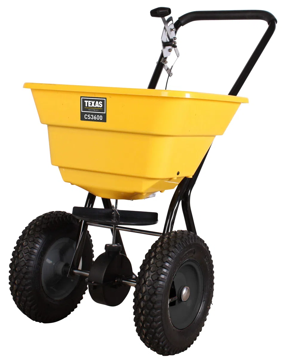 Texas Profi Streuwagen CS 3600 Rasendünger Salz Winter Düngerstreuer Rasen Saatgut | 36 Liter | 2m Streubreite | leichtläufige Lufträder | verstellbare Dosierung | schwarz-gelb | sehr robust