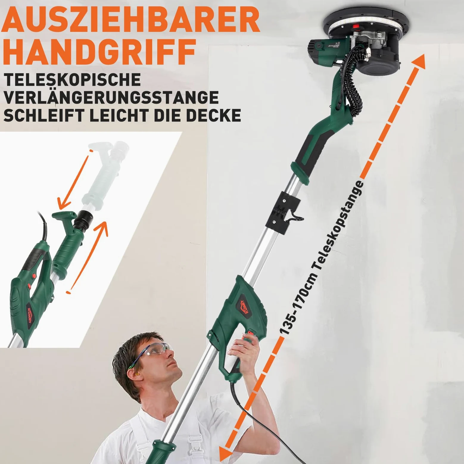 Trockenbauschleifer 850W, Wandschleifer mit 12 Schleifscheiben, 6 variable Geschwindigkeiten 800-1750 U/min, Elektroschleifer mit ausziehbarem Griff, LED-Licht, langem Staubschlauch