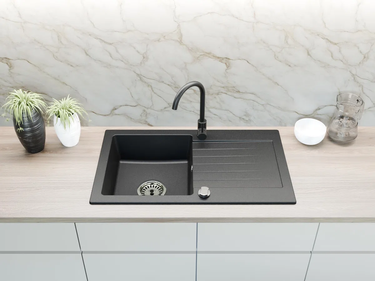 Faizee Home | Spülbecken Granit Schwarz 75x44 cm | Hochwertige Küchenspüle & Einbauspüle | Eckiges Spülbecken | Beidseitig montierbare Granitspüle | Einbaugranitspüle ab 45 cm | Inkl. Siphon-Set