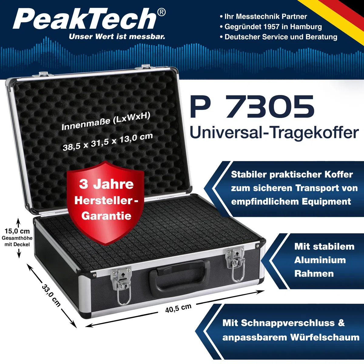 PeakTech P 7305 Universalkoffer – abschließbarer Universal-Transportkoffer mit Würfelschaumstoff – tragbarer Fotokoffer – robuster Koffer mit Schutz vor Regen und Staub – Groß (405 x 330 x 150 mm)