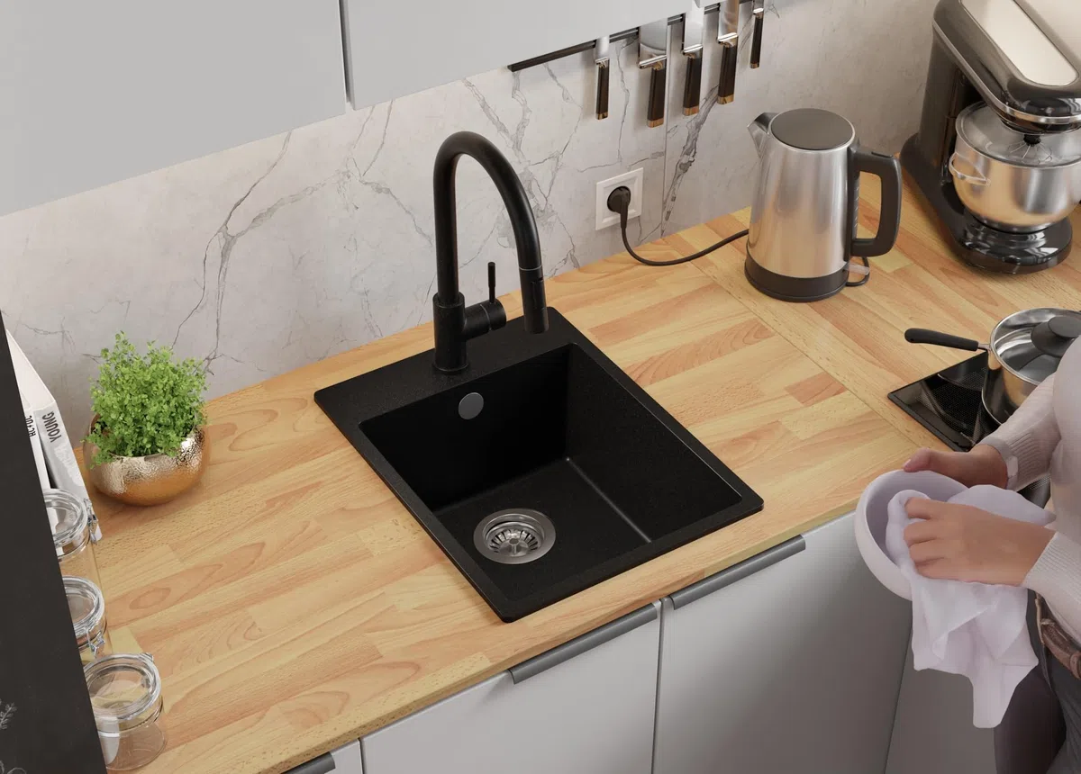 PRIMAGRAN Granitspüle Schwarz 38x50cm, Spülbecken 1 Becken + Küchenarmatur 32x20cm + Ablauf-Set, Küchenspüle ab 40er Unterschrank - Riga S045