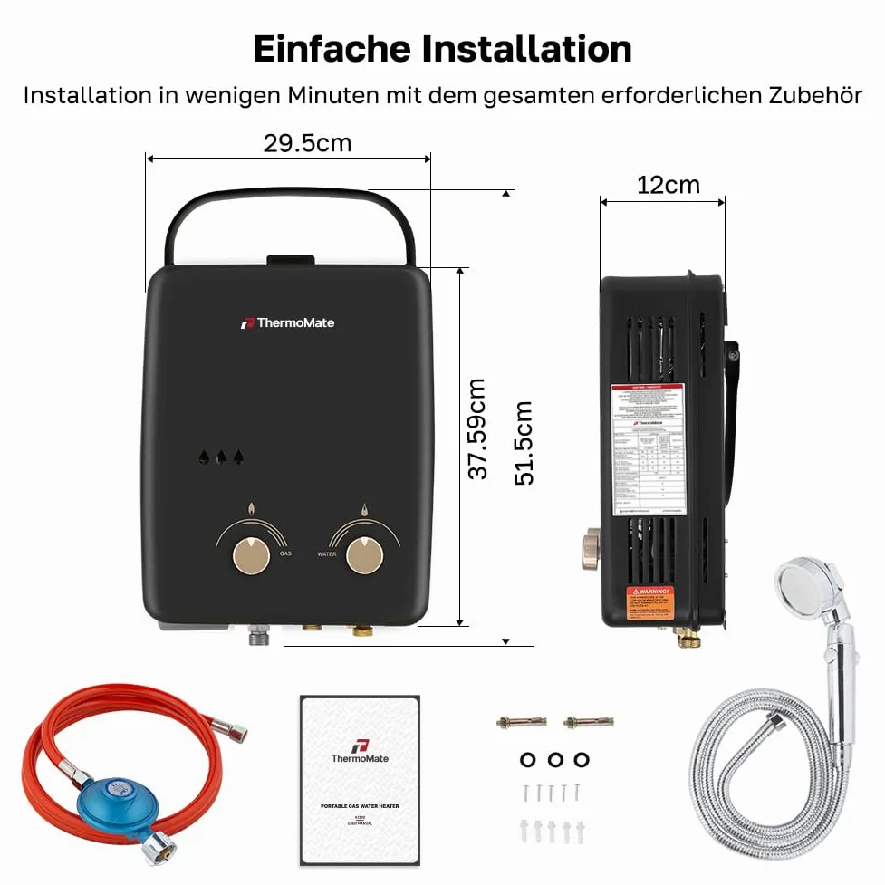 Gas-Wassererhitzer, ThermoMate AZ132B-DE 5L Tragbarer Propan-Wassererhitzer, 50 mbar Tankloser Gas-Durchlauferhitzer für Duschen im Freien, Pferde, Camping, Wohnmobil