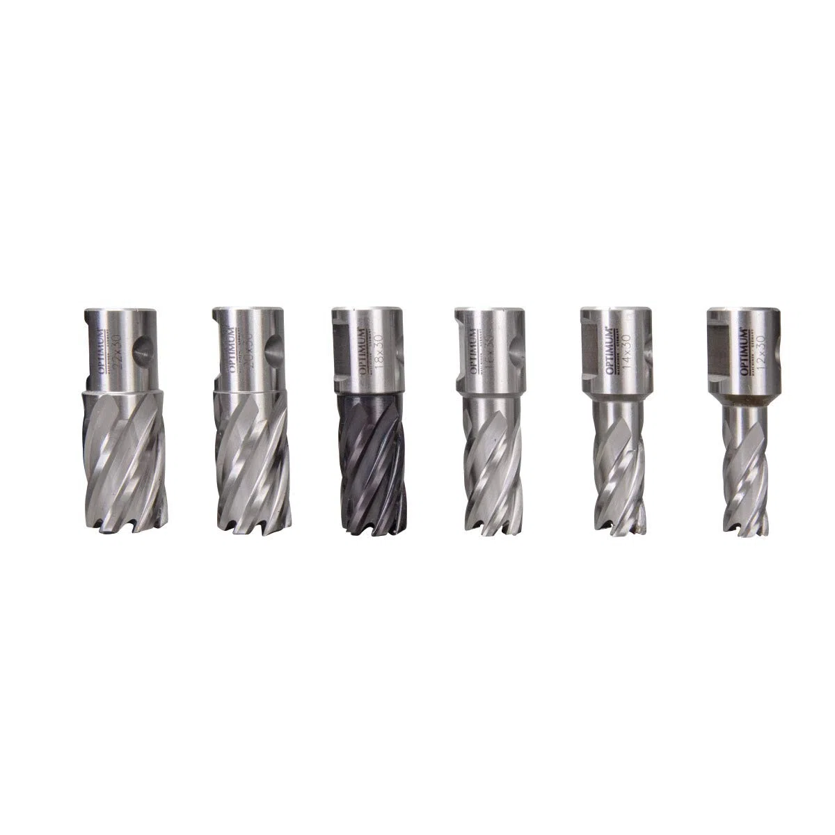 Optimum Kernbohrerset HSS-TiAlN 30 (6-teilig, ø 12/14/16/20/22/25 mm, Weldon, mit Auswerfstift), 3072010