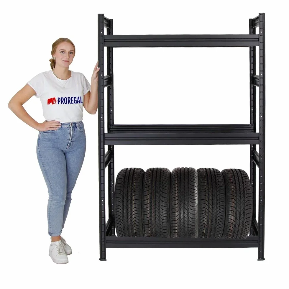 PROREGAL Reifenregal Dino | HxBxT 180x120x50 cm | Fachlast 150kg | bis zu 12 Reifen | Schwarz | Reifenständer Garagenregal Kellerregal Werkstattregal