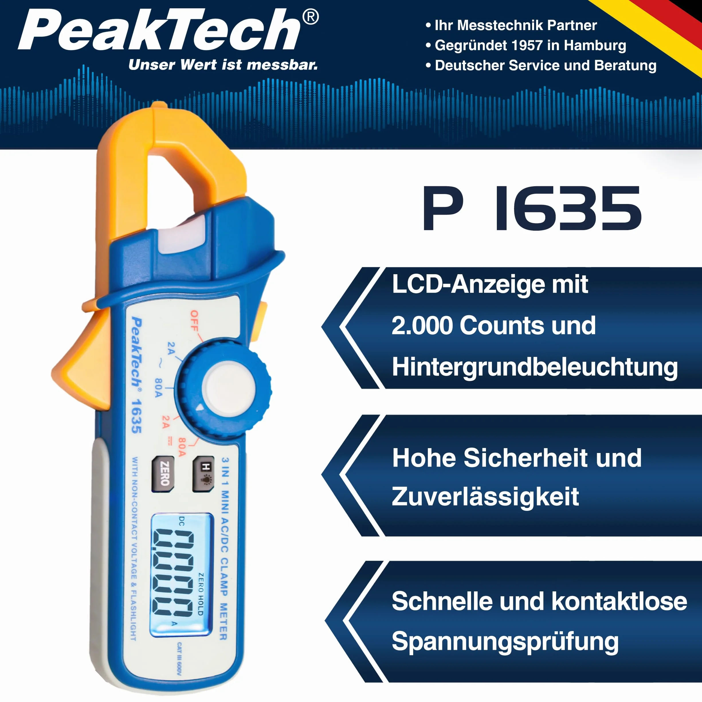 PeakTech 1635 - Strommesszange für Kriechstrom & Leckstrom 2A / 80A AC/DC