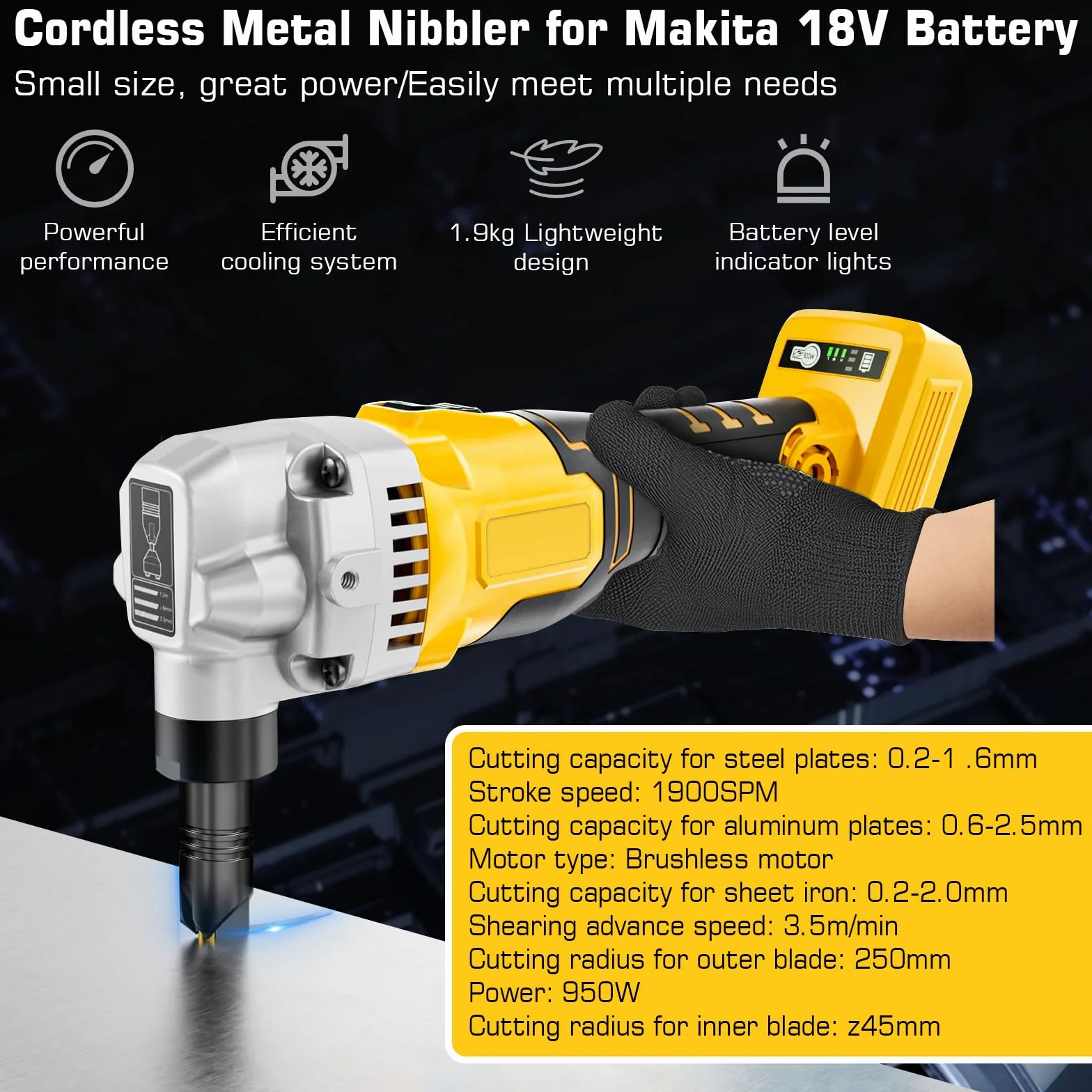 Blechknabber, Akkubetriebener Metallknabber Kompatibel mit Dewalt 18V Akku, Akku Knabber, Blechnibbler Aufsatz, 1900SPM, 3.5m/min, 950W, 3 Stufige Bürstenlose Elektro-Metallschere Blechknabber