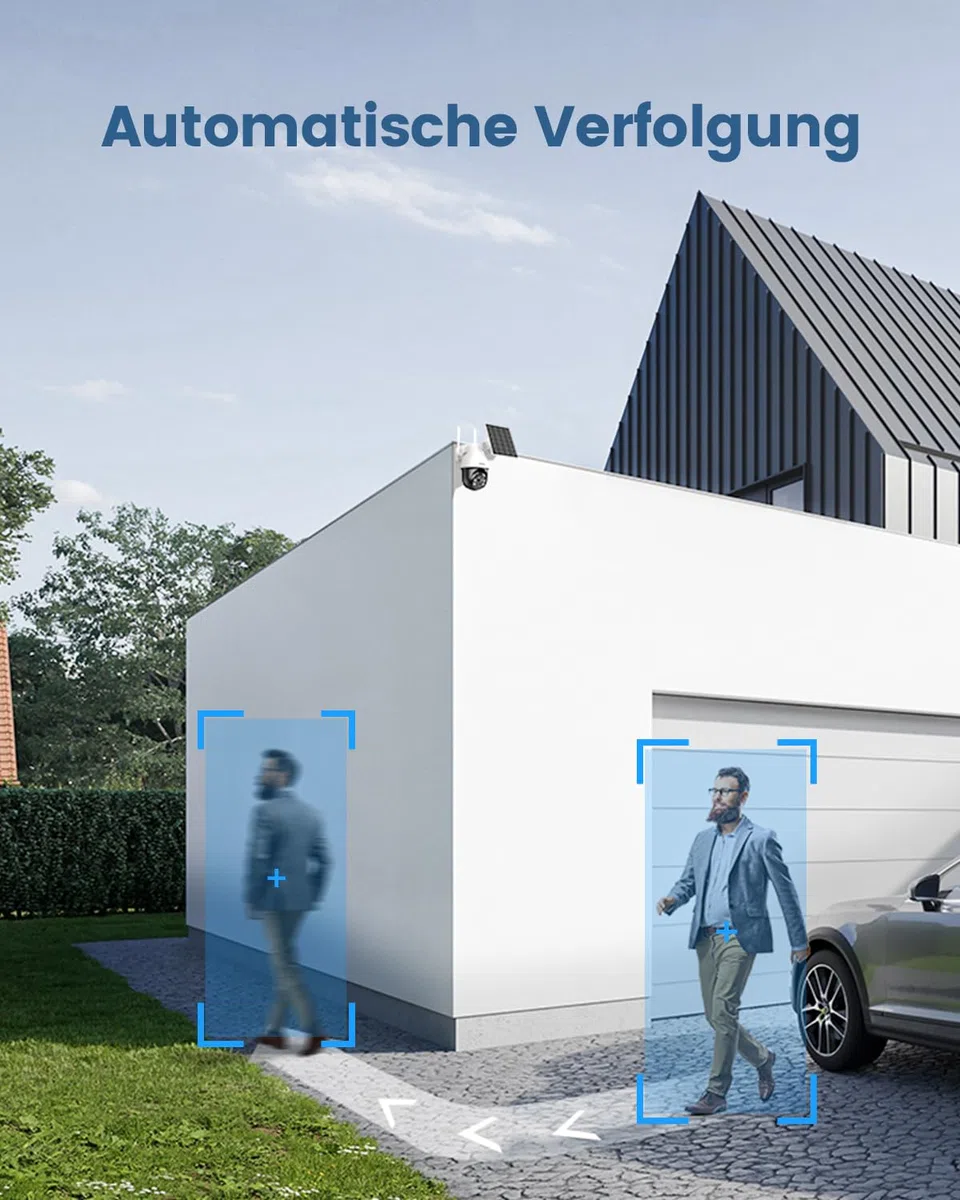 aosu 3K Überwachungskamera Aussen Akku Solar, 5MP Kabellose WLAN-Überwachungskamera für den Außenbereich zur Haussicherheit, 360° Panoramisches PTZ, Automatische Verfolgung, Nachtsicht, 2 STK