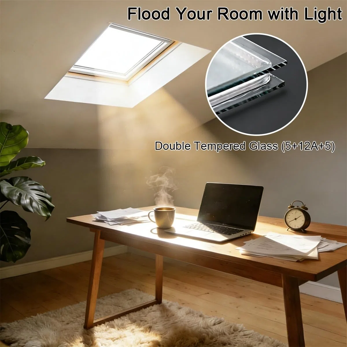 Premium Dachfenster für Wohnraum & Wintergarten, Lichtdurchflutetes Oberlicht für Dachboden & Tiny House. Wärmeisolierte Glasluke zur Belüftung(L65xW70cm)