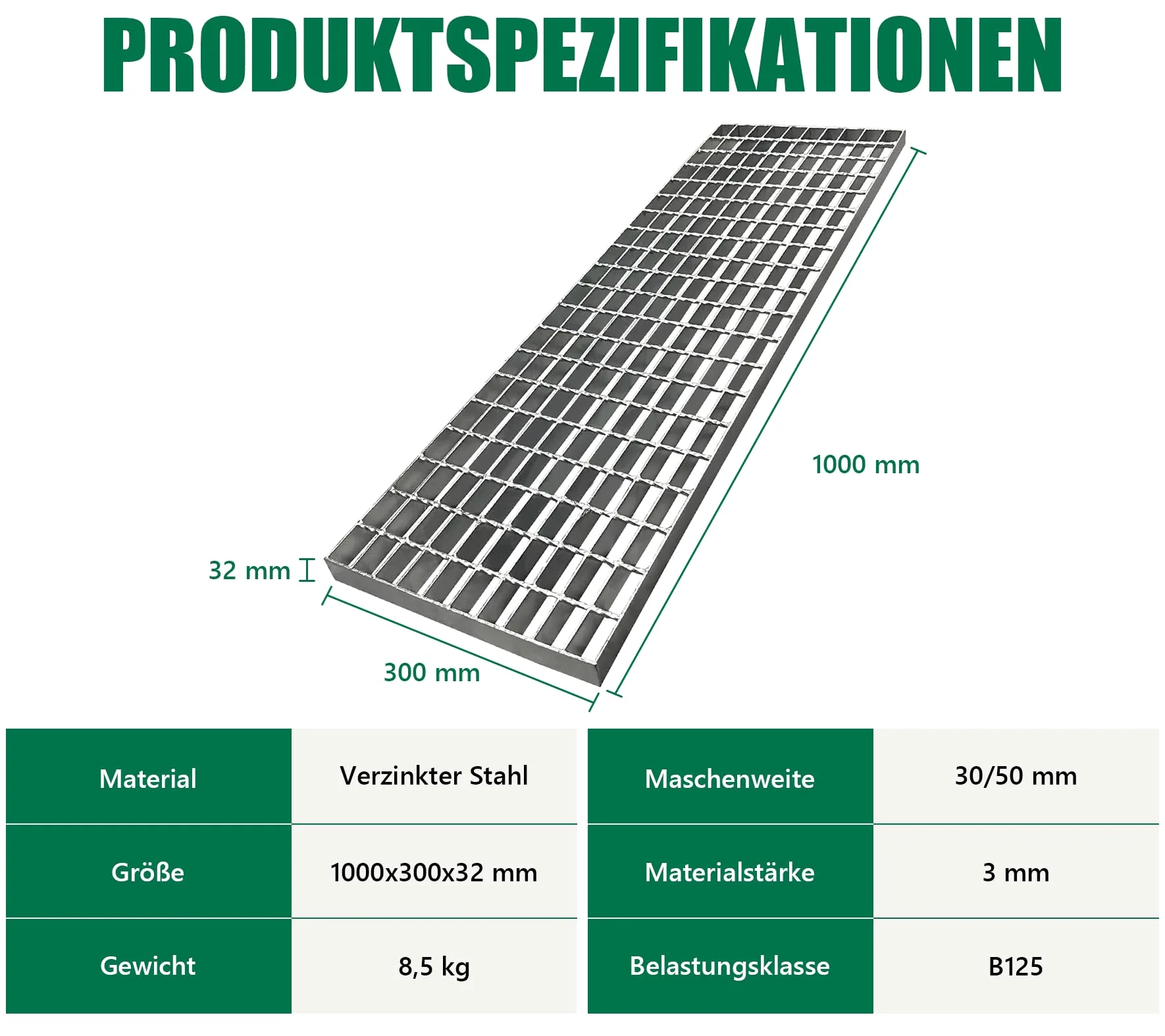 Gitterrost Verzinkt 1000x300x32 mm Tragstab 32/3 mm B125 PKW-Befahrbar Garagenrost Abflussrost Trittrost Gitterroststufe Rinnenrost für Garageneinfahrt Werkshalle Feuerverzinkt