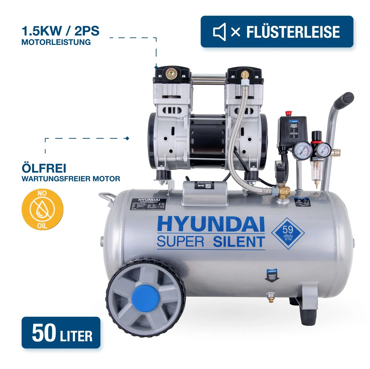 HYUNDAI Silent Kompressor SAC55753 | 50L Kessel, 8bar, ölfrei | 1.5kW / 2.0PS | Ansaugleistung 232 L/Min | Öl-Wasserabscheider | 59dB Luftkompressor leise, Flüster-Kompressor