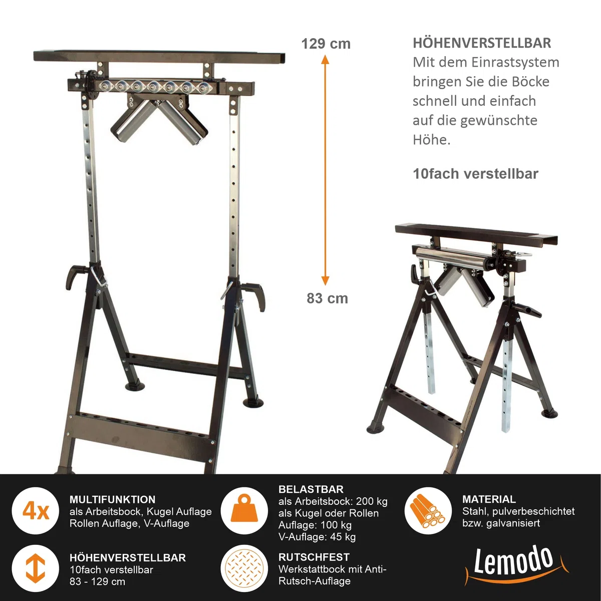 Lemodo Multifunktions-Arbeitsbock 4 in 1 höhenverstellbar 83–129 cm klappbarer Montagebock aus Stahl bis 200 kg Tragkraft