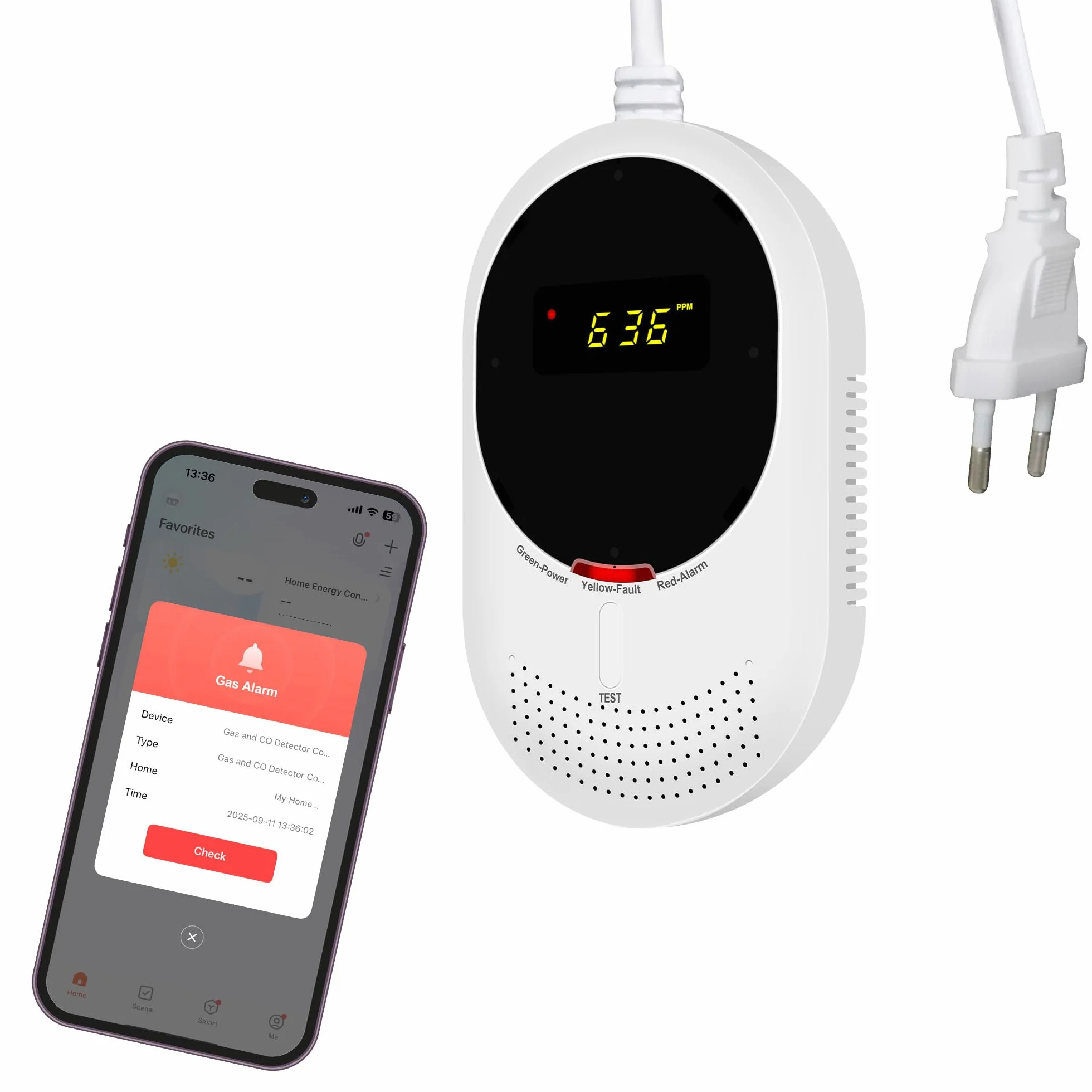 WLAN Gas- und CO-Melder, Gasmelder & Kohlenmonoxidmelder mit LCD, Zertifiziert nach EN50291 & EN50194, Gasmelder (für Erdgas & LPG) und CO-Melder, 5 Jahre Sensorlebensdauer (1 Stück)