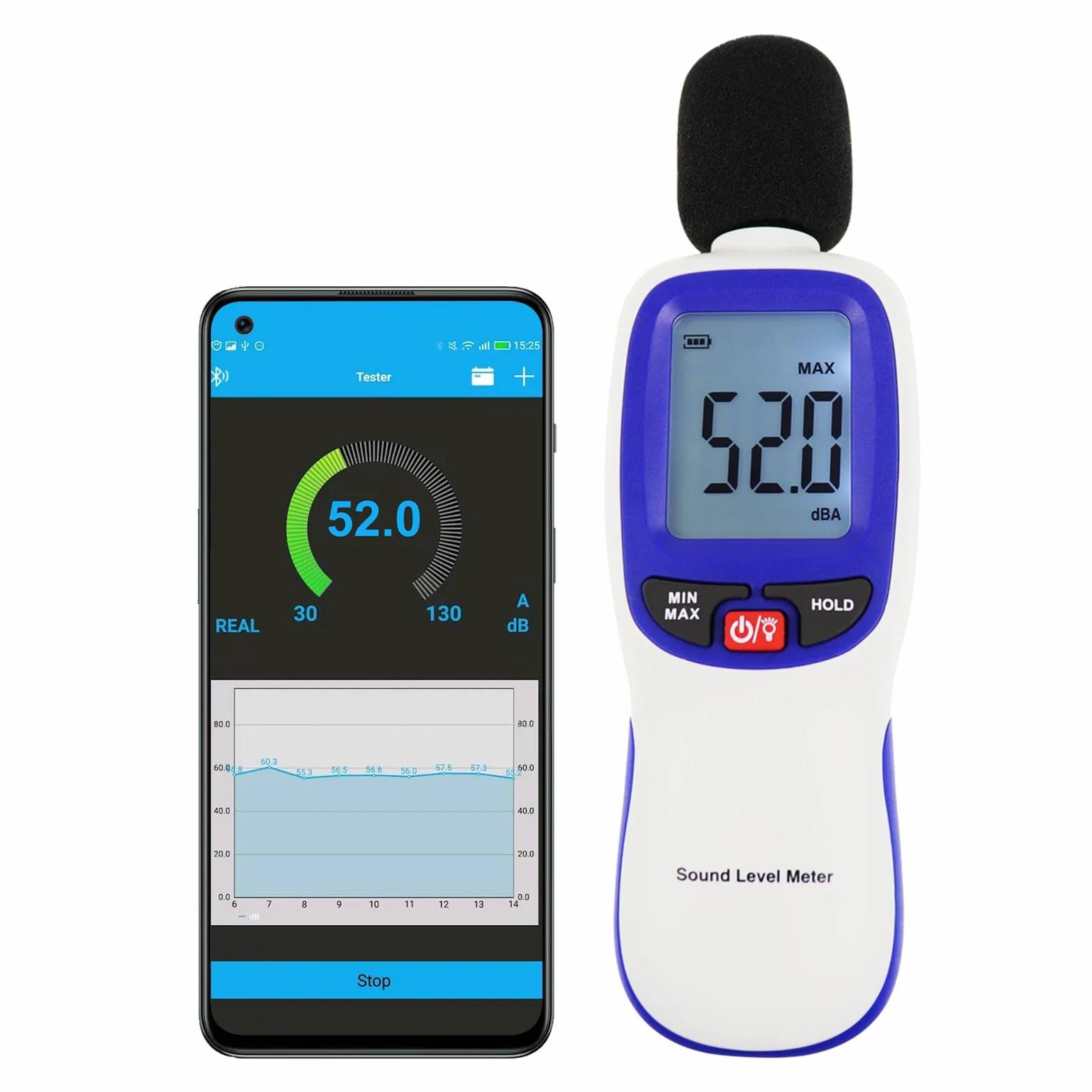 Schallpegelmessgerät, Digital Schallpegelmesser mit Bluetooth-fähiges, Dezibel Messgerät 30~130dBA Bereich MAX/MIN Datenhold mit LCD-Display und Hintergrundbeleuchtung für Zuhause, Schule