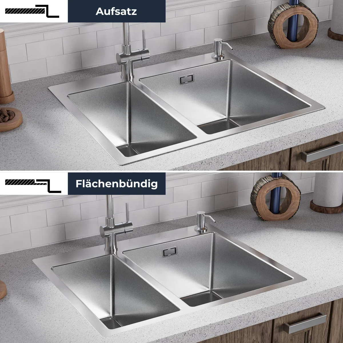 ANW HOME Spülbecken Küche 2 Becken 61x51 cm, Edelstahl 304 | Einbau, Nano-Beschichtung, Stärke 3,0+1 mm, Mit Siphon, Seifenspender, Korb