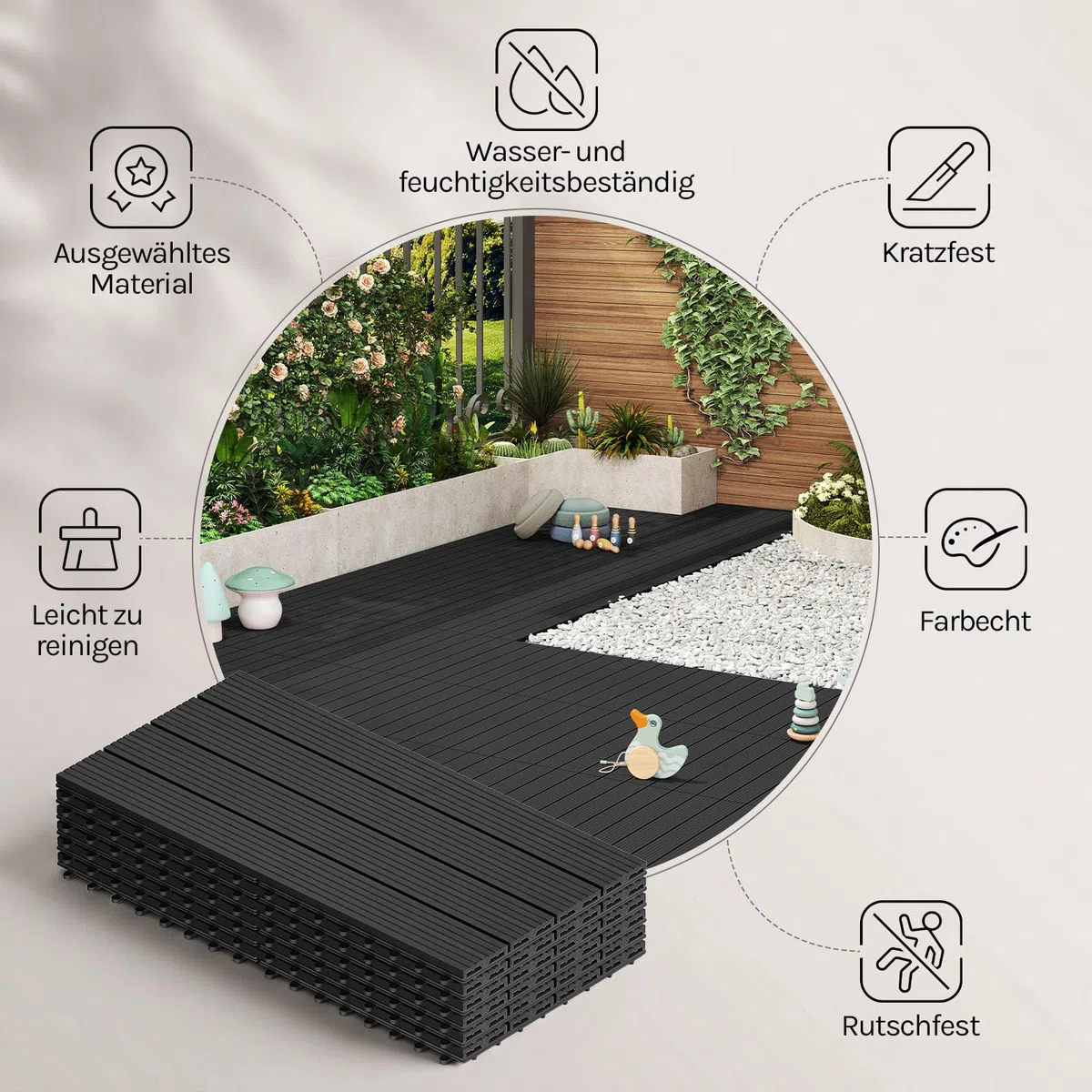 WOLTU WPC Fliese, Terrassenfliesen Holz-Optik, Bodenbelag mit Klicksystem, 30 x 60 cm, Anthrazit (12 Stück / 2 m²)