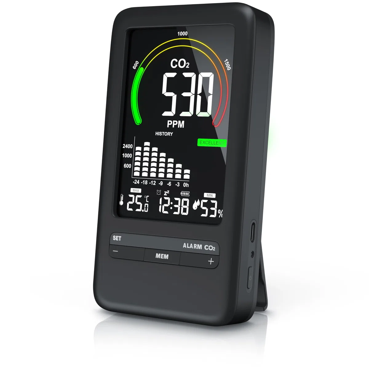 CSL CO2 Melder Messgerät mit Thermometer Hygrometer Innenraum Luftqualität Kohlendioxidmessung PPM Akku 2000 mAh schwarz