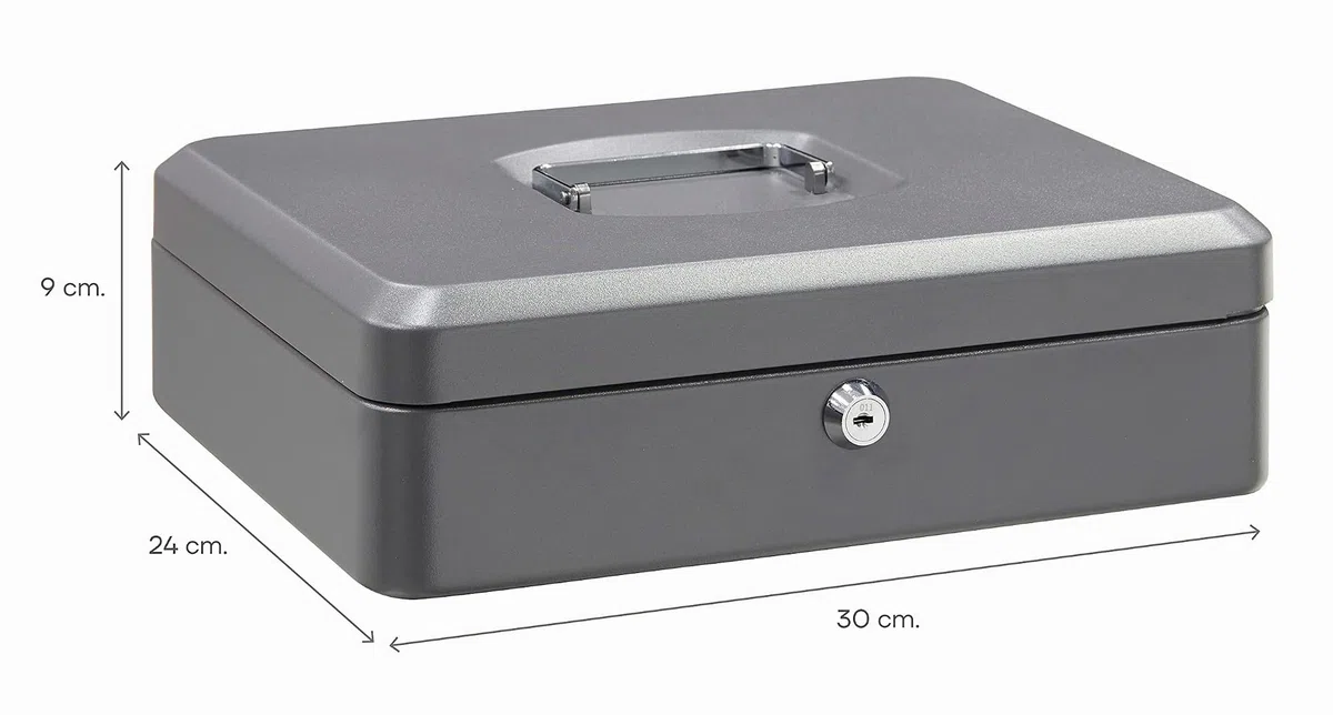 ARREGUI Elegant C9246 Geldkassette aus Stahl | Geldbox | 30 cm breit | Abschließbare Kasse mit Geldeinsatz | Große Geldkassette mit Schlüssel und Münzeinsatz/Geldeinsatz | Geldkasse | grau