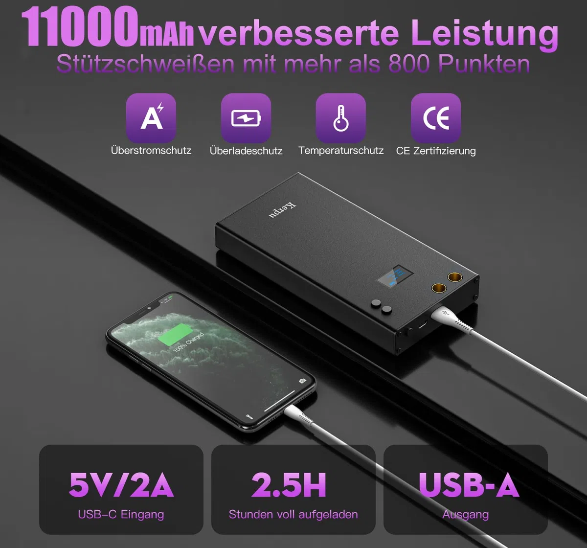 Akku-Punktschweißgerät, Kerpu Mini-Punktschweißgerät mit LCD-Bildschirm, 7500mAh Batterie 70-Gänge justierbar für Batterie-Plattenschweißen mit Long Spot-Schweißstift-5M Nickel-Streifen