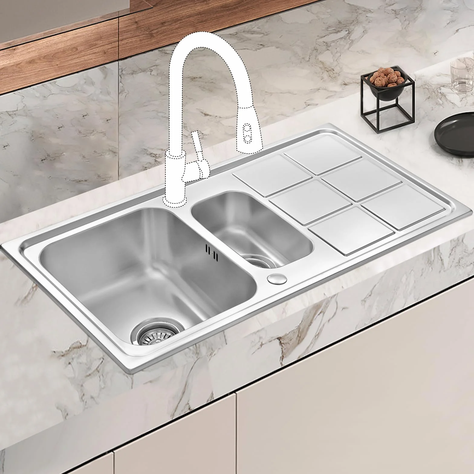 JASSFERRY Edelstahl Küchenspüle 1.5 Becken 970 x 500 mm, Reversibel Einbauspüle mit Siphon-Ablauf und Überlaufgarnitur