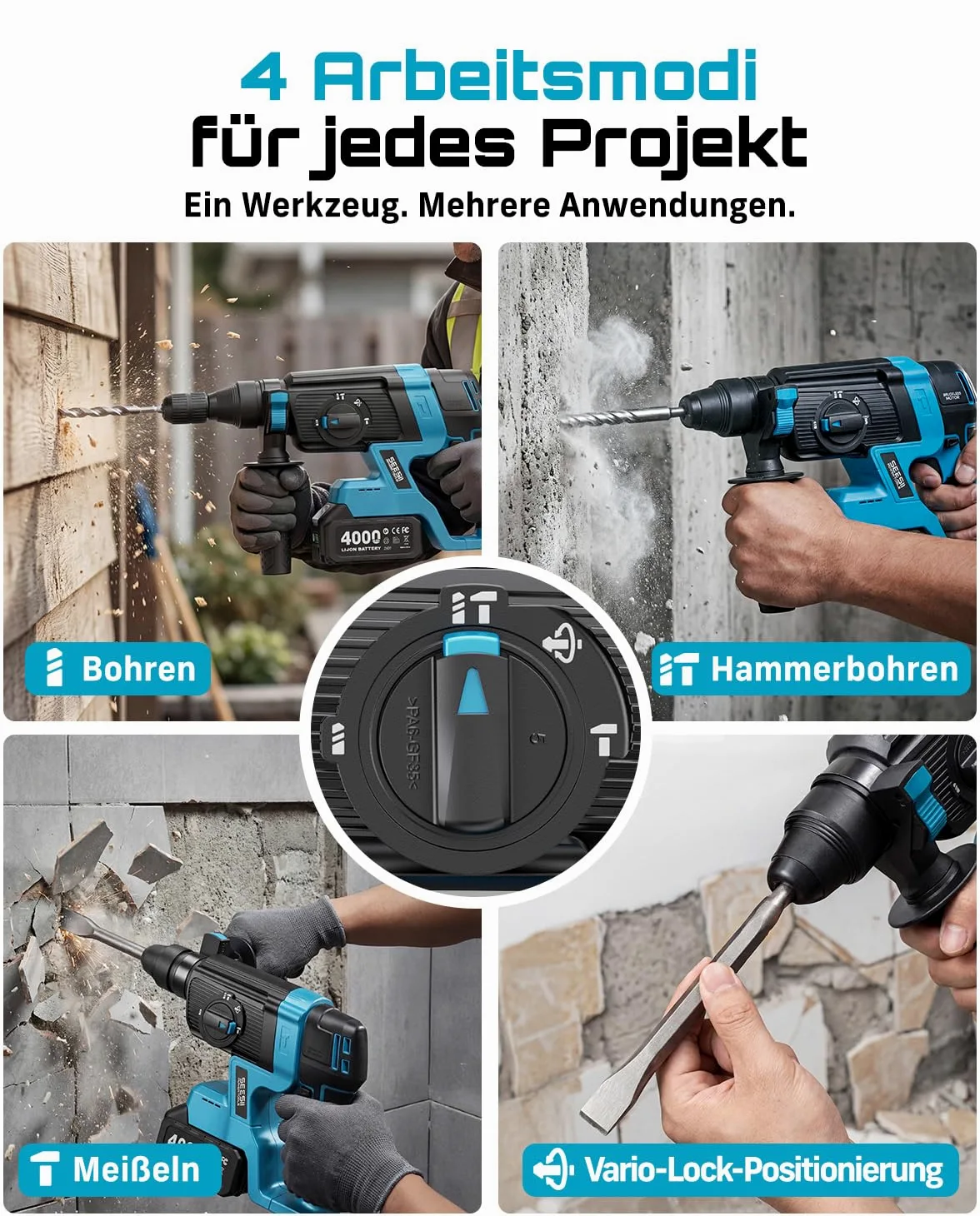 SEESII 2.8J SDS Plus Akku Bohrhammer Kit, 4-in-1 Schlagbohrmaschine mit 2×4.0Ah Akku (Kompatibel mit Makita 18-V-Akkus), Bürstenlos, für Beton, Renovierung & DIY, inkl. Bohrer, Meißel & Koffer