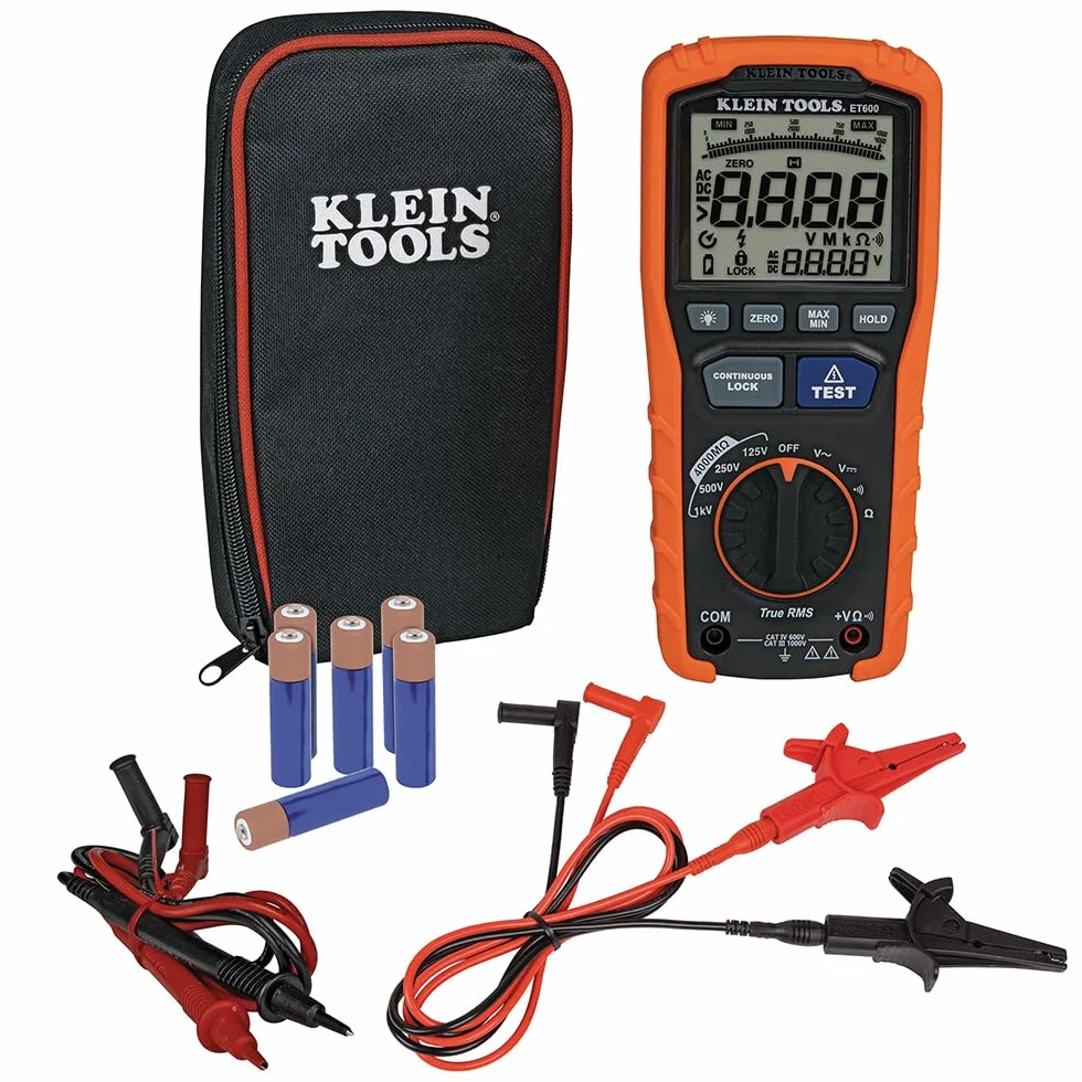 Klein Tools ET600 Isolationsprüfgerät | Bis 4000 MΩ | 125 V 250 V 500 V und 1000 V Prüfspannung | TRMS | CAT IV 600 V CAT III 1000 V