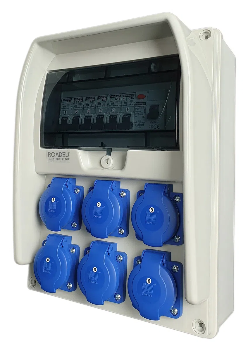 RoadEu Stromverteiler, 6x Schuko Steckdose mit Leitungsschutzschalter - Baustromverteiler mit Fi Schutzschalter und 6x Sicherungsautomat "C" 16A. Einzelphase
