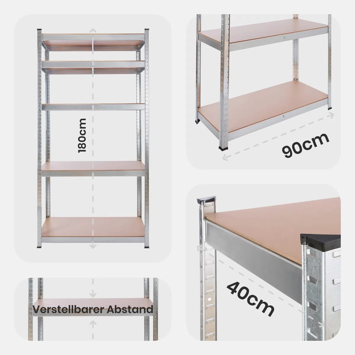 Arebos 2er Set Schwerlastregal 180 x 90 x 40 | 875kg Tragkraft | 0,63 mm | 5 verstellbare MDF-Platten Regal Lagerregal Kellerregal Steckregal Werkstattregal verzinkt