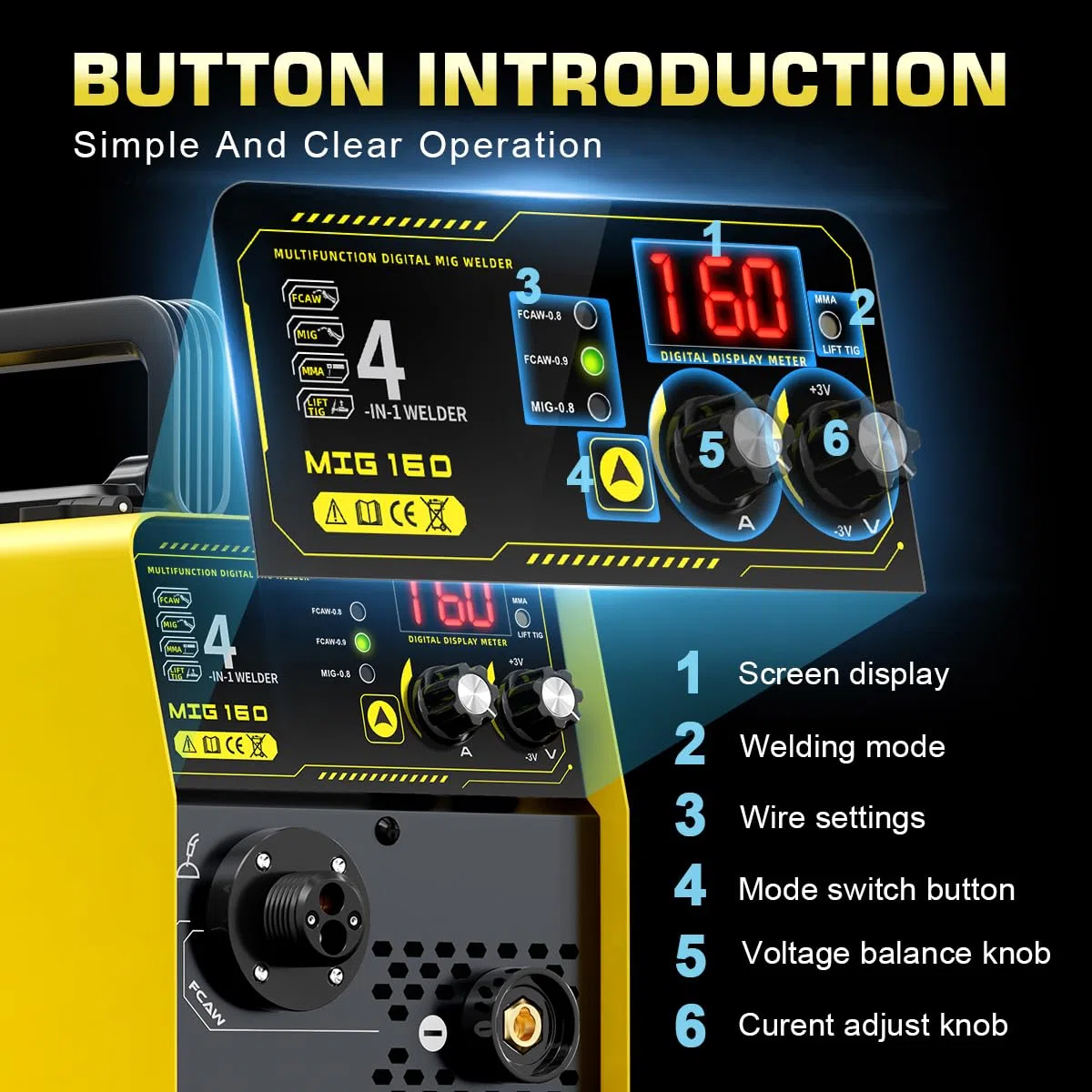 HAXIAOER 160A Schutzgas Schweissgerät MIG MAG, 4-in-1 Fülldraht Schweißgerät mit Fülldraht (FCAW)/MAG/MMA E-Hand/Lift TIG, Synergischem Drahtvorschub, IGBT, Fülldraht, Stahl Schweißdraht