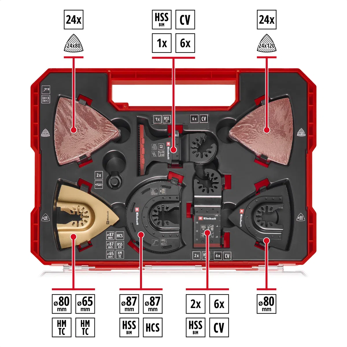 Original Einhell XXL-CASE 70-tlg. Multitool-Set (BiM/CrV-Tauchsägeblätter, HCS/HM/BiM-Halbrund-Sägeblätter, HM-Delta-Raspel, Delta-Trägerplatte, Schleifpapier, Dremel-Adapter)