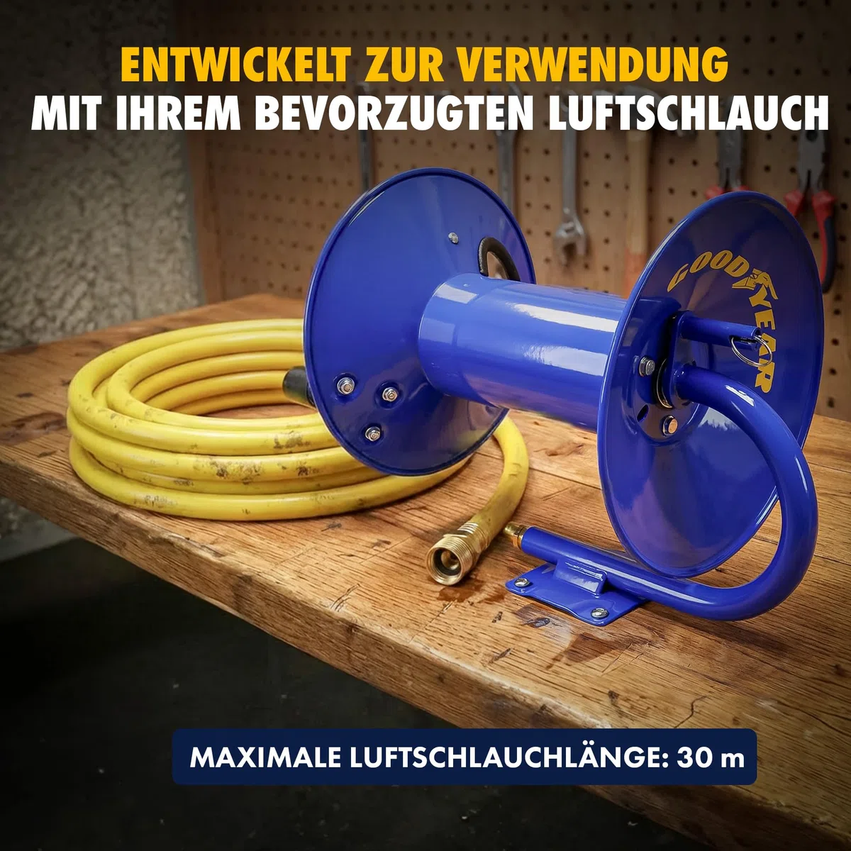 Goodyear Druckluft-Schlauchaufroller mit Handkurbel 30 m x 9,5 mm – Manuelle Schlauchtrommel aus Stahl, max. 20 Bar, Heavy Duty (Schlauch nicht enthalten)
