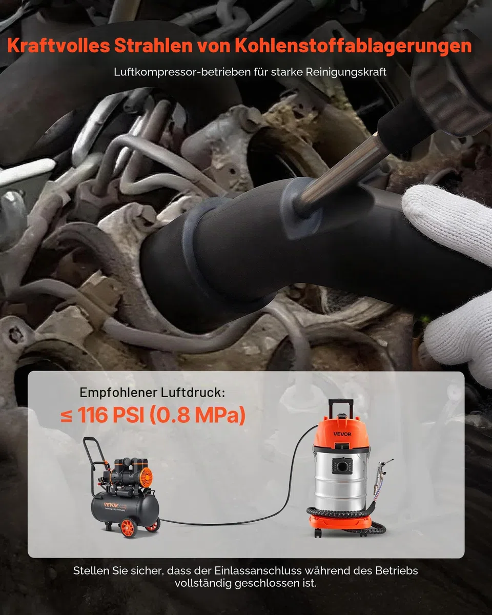 VEVOR Walnuss Strahlgerät 30 L, Sandstrahlgerät 1600 W, Sandstrahlanlage zur Entkohlung von Ansaugkrümmern & Ventilen, Sandstrahler inkl. 2,5 kg Walnussschalen & 23 Adapter