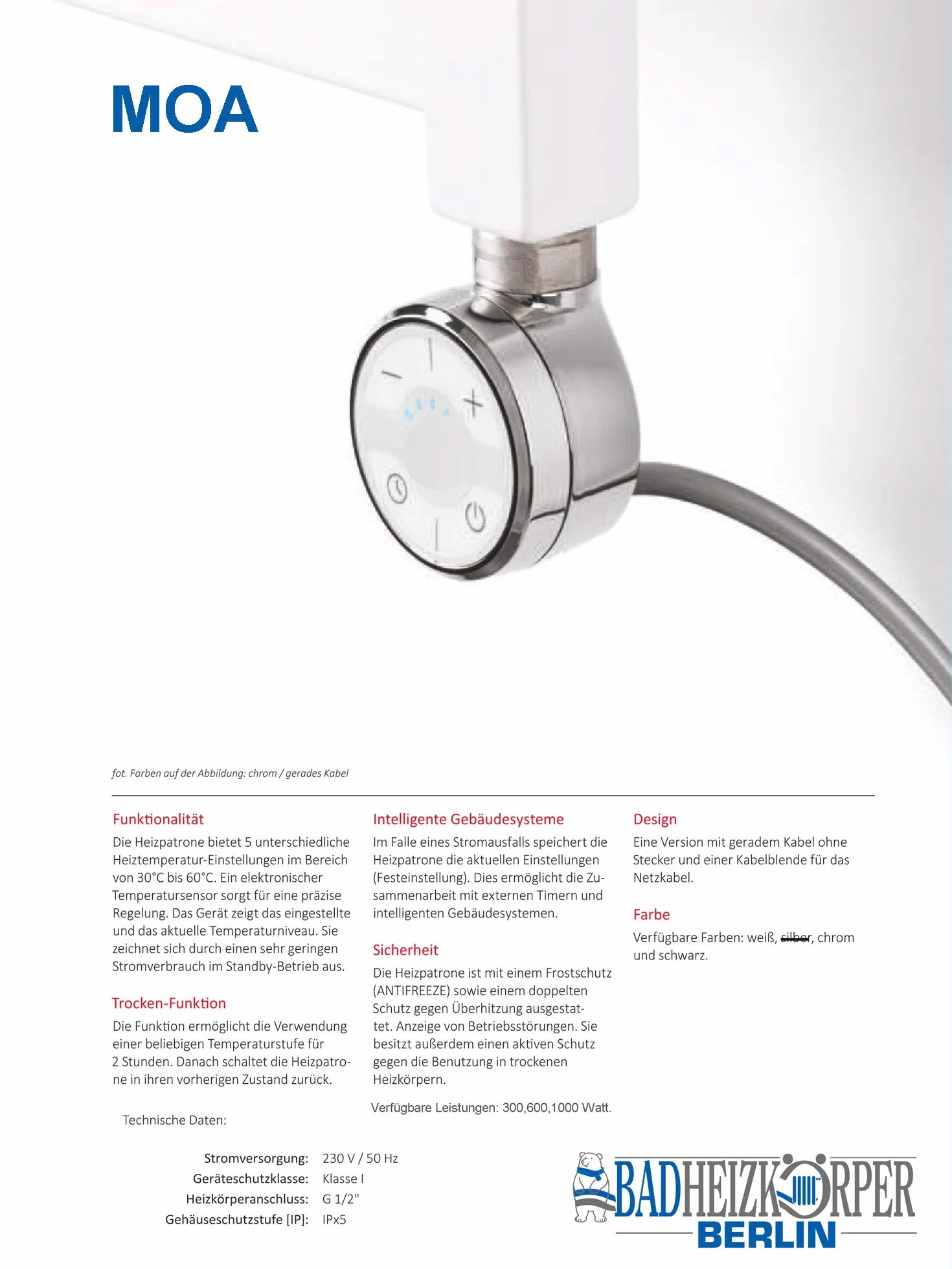 MOA Thermostat Heizstab, Heizpatrone, Heizelement 300 Watt (Weiß) Spiralkabel mit Stecker